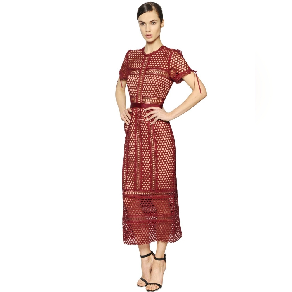 Self Portrait Burgundy Red Embroidered Lace Column Midi Dress Size 4